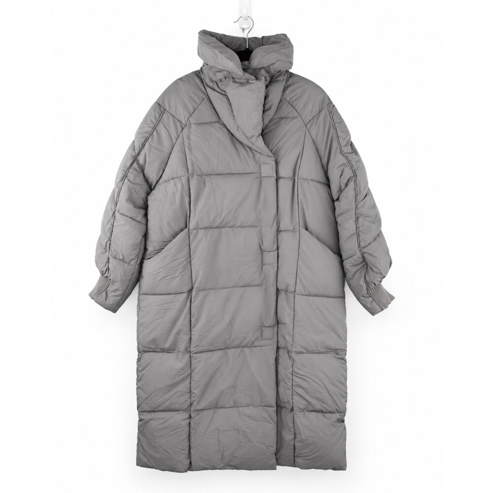 Unisex Oversized Long Puffer Coat Size M Gray Cocoon High Collar Winter Jacket